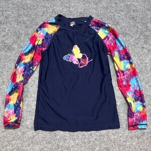 Phibee Kids Girls Navy Blue Butterfly Long Sleeve Rash‎ Guard Swim Shirt Size 10